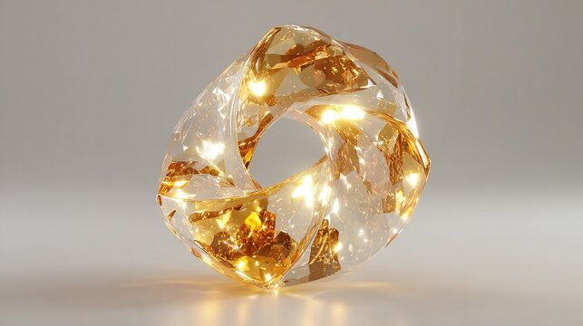 Abstract Geometric Torus Sculpture with Gold Flakes Embedded in Clear Crystalline Resin - Powered by Adobe