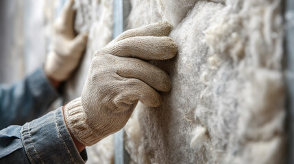 Worker wearing gloves applying thermal insulation material to a wall.