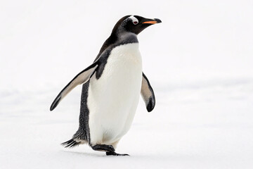 Fototapeta premium Adelie penguin walks confidently across white snow, displaying classic black and white plumage with distinctive orange beak and alert posture.