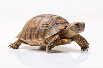 Fototapeta premium Russian tortoise walks across white surface, showcasing detailed hexagonal shell patterns and scaly limbs in warm natural lighting conditions.