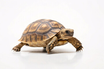 Obraz premium Russian tortoise moves forward on white surface, shell displaying intricate geometric patterns in golden-brown hues with textured scaly skin.