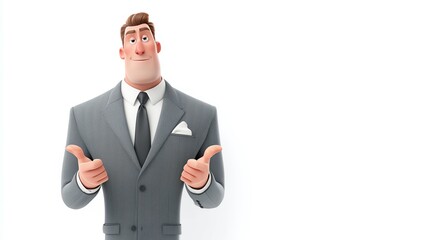 Rendering of three confident corporate leaders in grey suits presenting ideas on a pure white background.