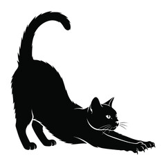 Black Cat Stretching Silhouetted: A sleek black cat in a graceful stretch against a plain backdrop, showcasing the elegance of feline movement, capturing an essence of serenity and flexibility.