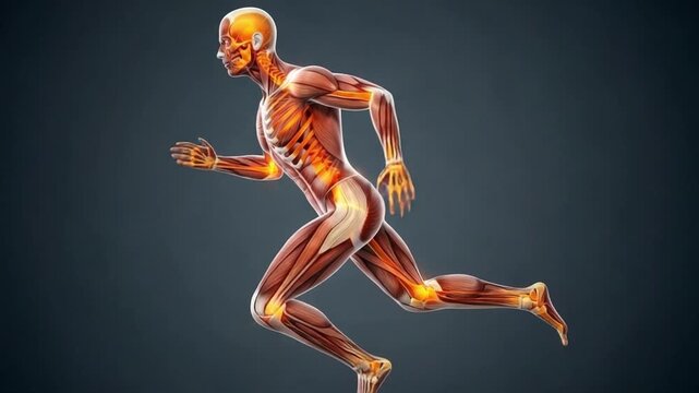 Anatomical illustration of a running human figure showing muscles and skeletal structure on a gray backdrop