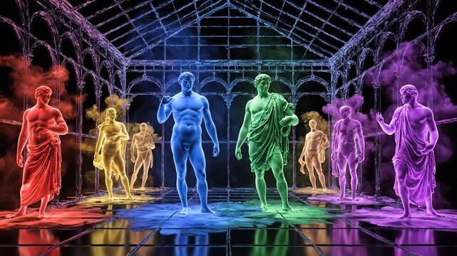 Greek gods emerging from swirling neon ink inside glowing glass artwork
