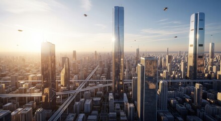 Aerial view of futuristic urban cityscape with high-rise buildings and flying vehicles