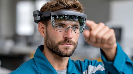 Young Man Using Smart Glasses with Augmented Reality Technology in Modern Office