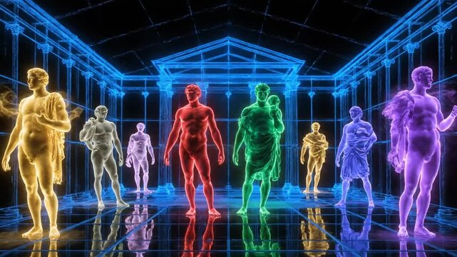 Colorful ink forming mythological gods within transparent glass sculpture