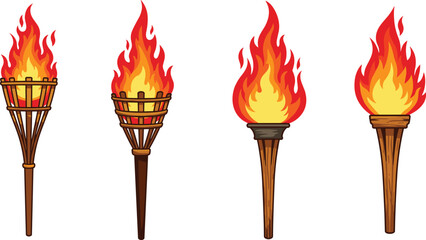 Burning torches illustration, traditional fire torch design, wooden tiki torch with flame, camping and festival light, survival and adventure concept