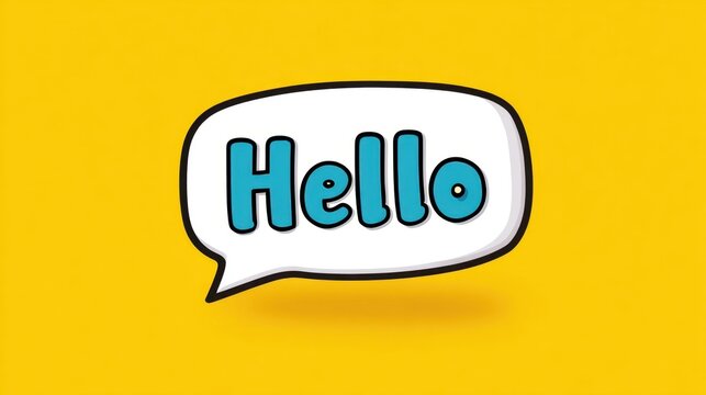 Vibrant yellow background with a playful speech bubble featuring the word 'Hello' in expressive font style