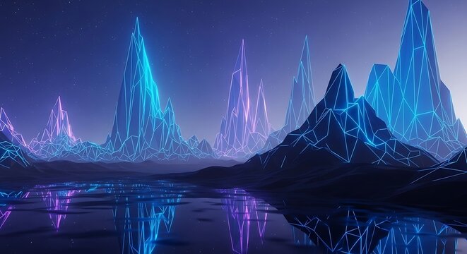 A stylized landscape, composed of polygonal mountains, illuminated with vibrant neon blue and purple hues, reflecting on a calm body of water under a starry night sky. - Powered by Adobe