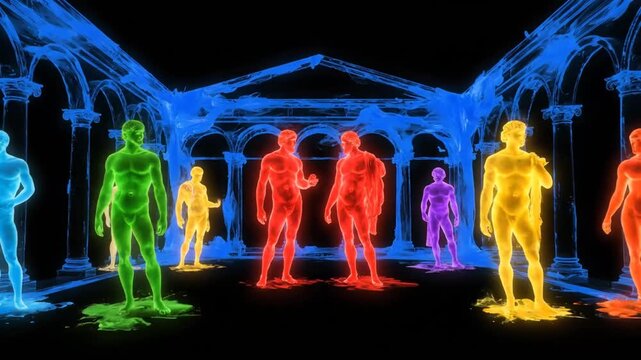 Surreal rainbow ink creating divine figures of Greek gods in glass