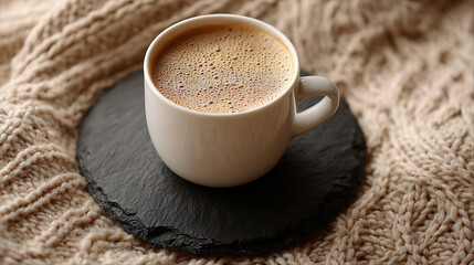 A warm cup of coffee or latte on a black slate coaster, resting on a cozy knitted blanket. Evokes comfort, relaxation, and a hygge lifestyle.
