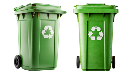 Green recycling bin with eco symbol isolated on transparent background.