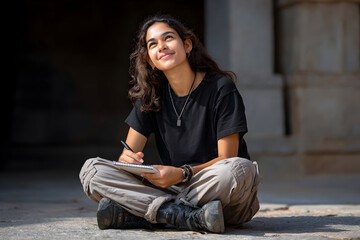 Joyful Indian Woman Sketching in Historic Site, Captivating Travel Moments, Celebration of Culture, Artistic Journey, Outdoors Inspiration