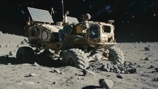 Rover on the moon with solar panels, rocks around it suitable for space exploration, technology, outer space concepts visual content.