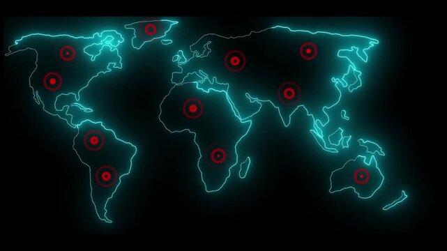 Dark world map with neon pins. The concept of social and communication interconnection. Marking interesting places in the world.