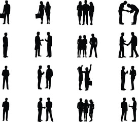 Silhouette collection of twenty people in various interactions and poses, vector illustration for communication, teamwork, social behavior, and educational projects