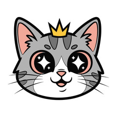 Royal Cat: A charming cat with a crown, a symbol of royalty and cuteness, embodies a playful character with delightful expressive eyes in a cartoon illustration.