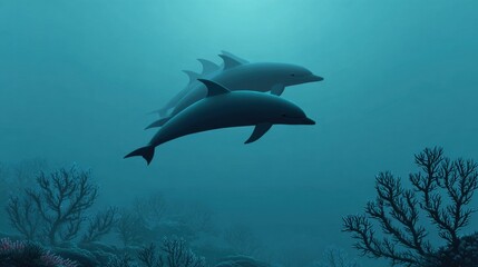 Naklejka premium Underwater Scene with Dolphins Swimming Gracefully Among Coral and Seaweed in a Serene Ocean Environment