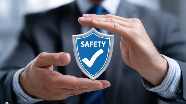 A professional individual demonstrating the concept of safety by holding a protective shield symbol. This image emphasizes trust, security, and assurance in a business environment.