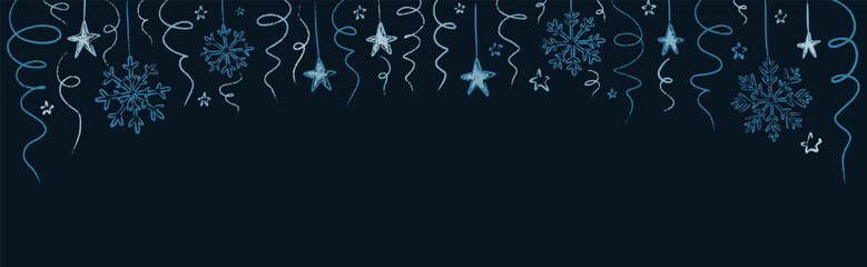 Dark blue hand drawn pastel snow flake winter garland background. Merry Christmas and Happy New Year night rectangle horizontal poster. Festive boarder. Crayon snowflake, tinsel, streamer, confetti