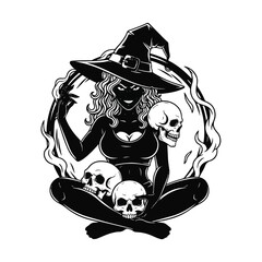 Monochrome illustration of a witch with skulls, wearing a hat and sitting cross-legged.