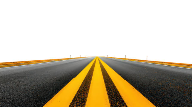 Asphalt Road with Yellow Center Lines Against Black Background