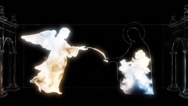Surreal annunciation scene formed with rainbow ink clouds in transparent glass