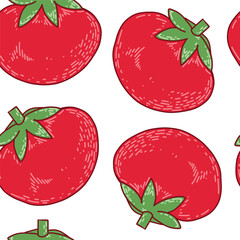 Vector seamless pattern of bright red tomatoes, all objects hand-drawn in vector. The illustration is suitable for printing on kitchen textiles, food packaging, for design. Vector illustration