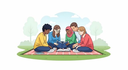 Diverse Students Study Together Outdoors, Group Learning, Education Concept
