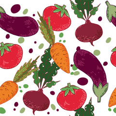 Seamless vector pattern of seasonal vegetables, eggplant, carrots, red tomatoes, beets, greens. All objects are hand-drawn with ink, illustration for printing on textiles, product packaging.
