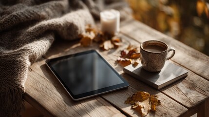 Digital tablet on autumn wooden table
