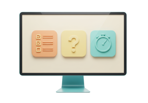 Isolated monitor screen showcasing checklist, question mark, and timer symbols, 3D render