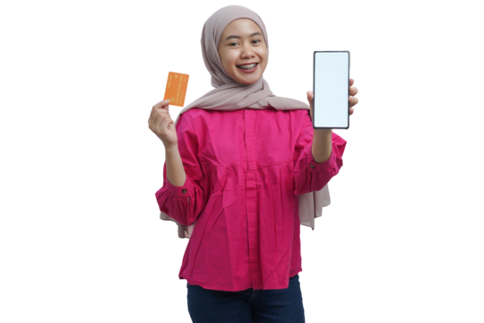 Smiling Muslim Woman Holding Credit Card and Smartphone with Blank Screen for Mobile Banking Concept