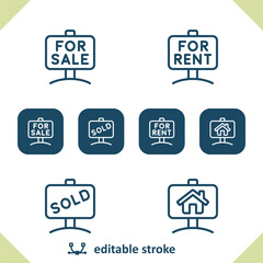 Real Estate Sign Icons. For Sale, For Rent, Sold, House Icon