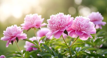 Obraz premium Close up of several pink peonies in a garden setting outdoors