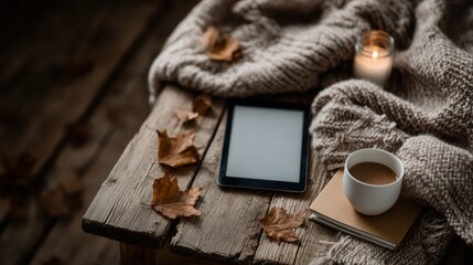 Digital tablet on autumn wooden table