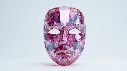 A faceted, pink gemstone mask, rendered in 3D, sits on a pale background.  The mask is highly polished and reflects light, creating a sense of depth and luminosity within its crystalline structure