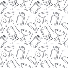 Seamless vector pattern of empty dishes, glass jar for preservation, jam vase, teaspoon. All objects are hand-drawn with ink. Suitable for printing on wrapping paper, fabric