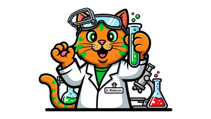 Clever Cat Scientist: A charming cat, donned in a lab coat and goggles, proudly presents a chemical experiment with bubbling.