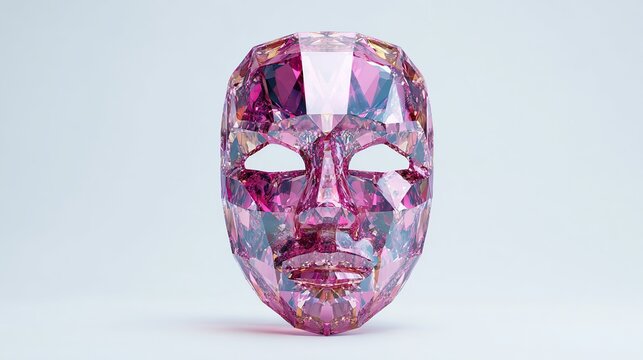 A faceted, pink gemstone mask, rendered in 3D, sits on a pale background. The mask is highly polished and reflects light, creating a sense of depth and luminosity within its crystalline structure - Powered by Adobe