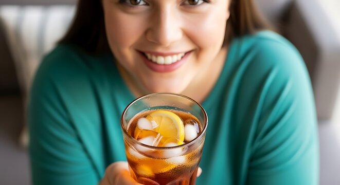 Close-up of a fat woman holdong a glass of iced tea and smiling at camera, soft blurred background