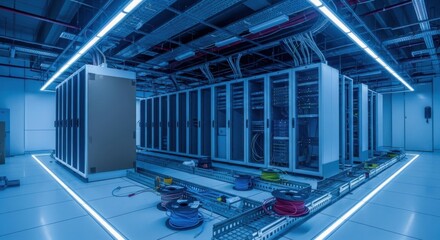 Modern data center featuring server racks, network cables, and cooling infrastructure for IT