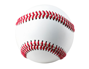 Baseball ball isolated on transparent PNG, white leather sphere with red stitches, realistic detailed texture, professional sports equipment for training, game, pitch, team competition accessory