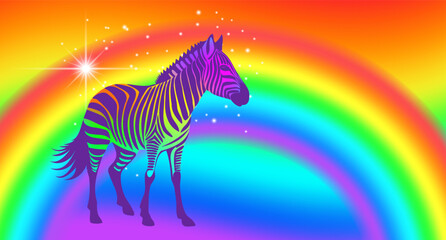 Vector iridescent standing violet zebra. Classic rainbow. Bright, colorful striped, artiodactyla african cartoon animal. Wild fairytale horse. Color poster