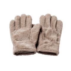 Soft beige fleece gloves on transparent background cozy apparel indoor setting close-up view