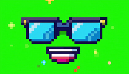 Pixel sunglasses and heart symbol on green background. Retro 8-bit design for gaming, fun, and digital art.