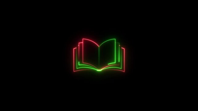 Glowing vertical book icon animation with neon open symbol on black background