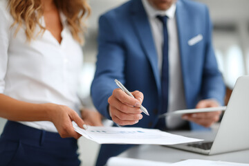 Focused team in strategic meeting reviews financial documents, focused attention on crucial data analysis, focused mindset leading to informed executive decisions and profitable outcomes